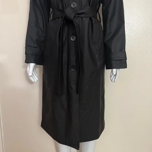 Black PU leather belted single breasted long trench coat - Picture 5 of 13